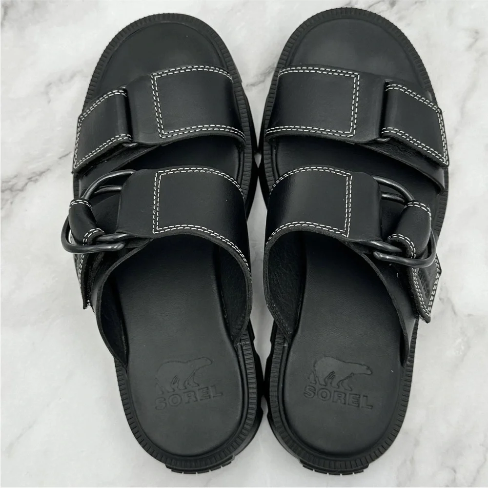 Sorel Sandals Womens Size 6 Black Leather Slides Adjustable Strap NL5223-010 - Picture 5 of 12